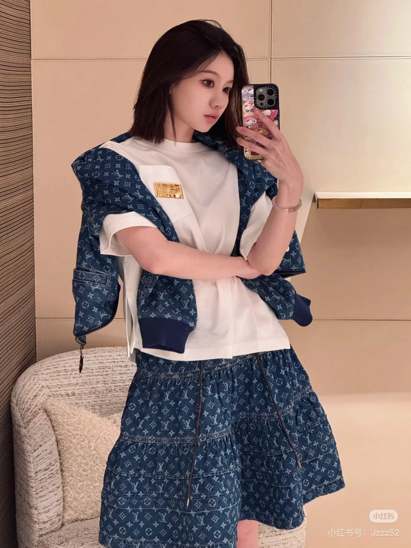 루이비통 데님 패치워크 코튼 반팔 니트 티셔츠 상세 이미지 7