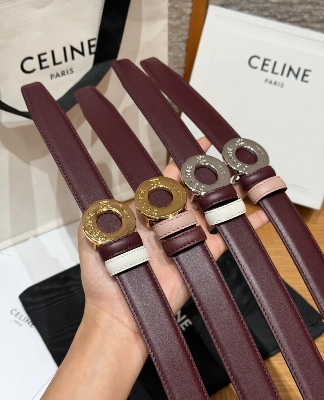 셀린느 차트 디스크 골드 버클 양면 가죽 벨트 25MM 상세 이미지 3