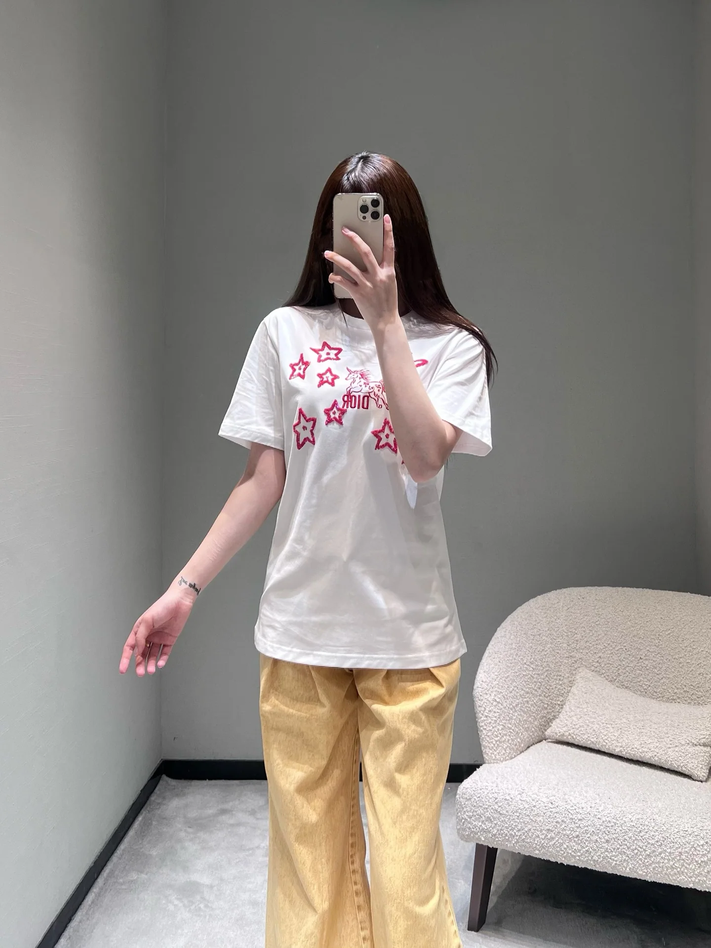 디올 별과 유니콘 자수 여성 반팔 티셔츠 상세 이미지 7