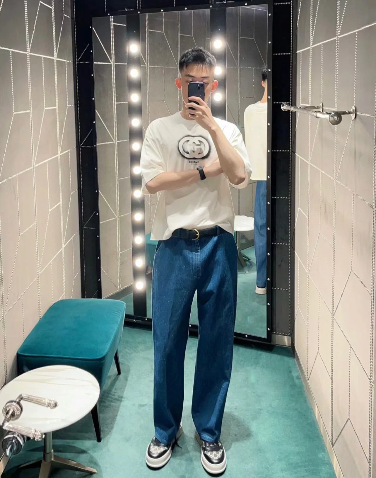 구찌 더블 G 인터로킹 프린트 크루넥 반팔 티셔츠 상세 이미지 6