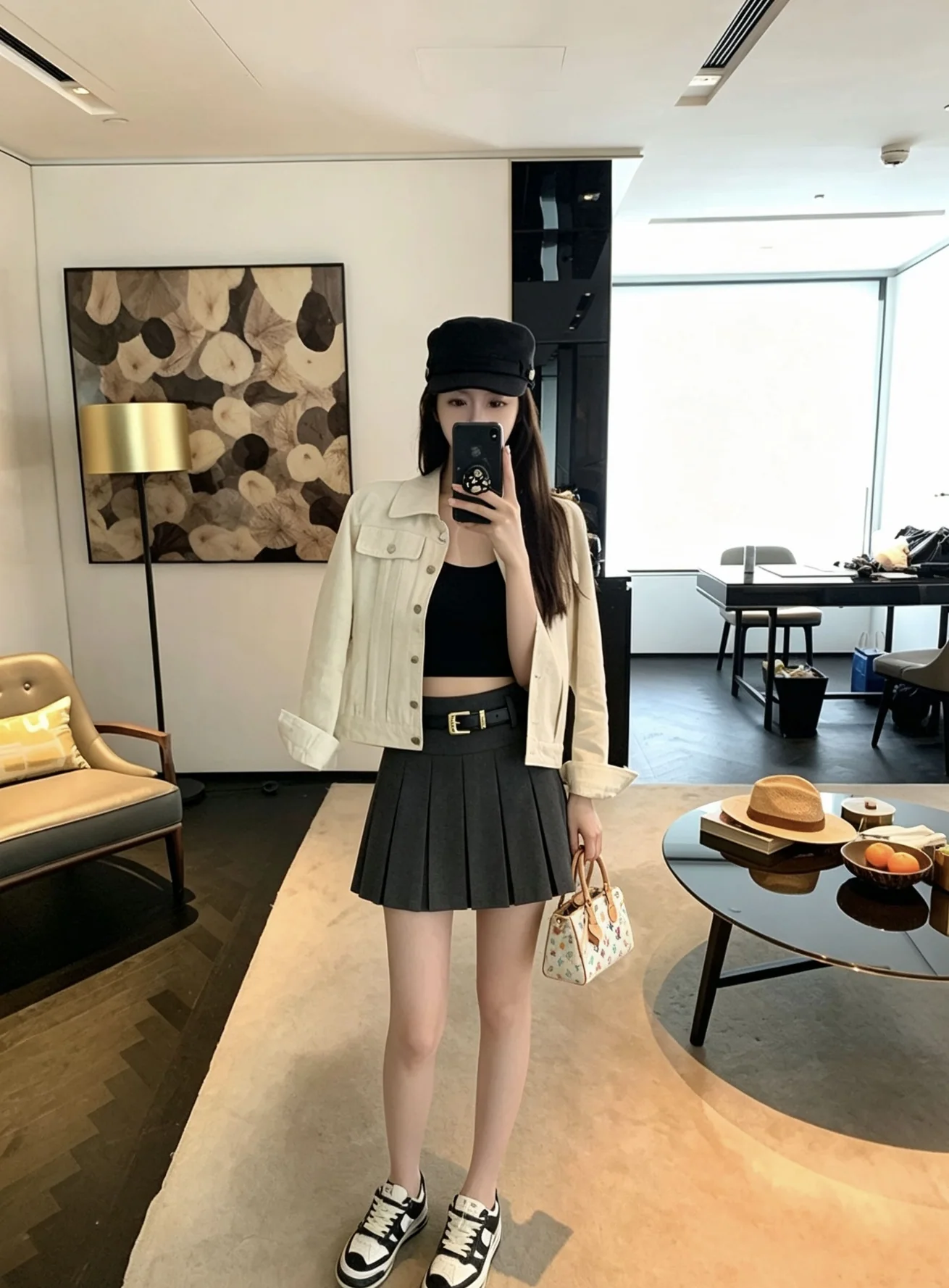 미우미우 문자 장식 벨트 플리츠 미디 스커트 154099