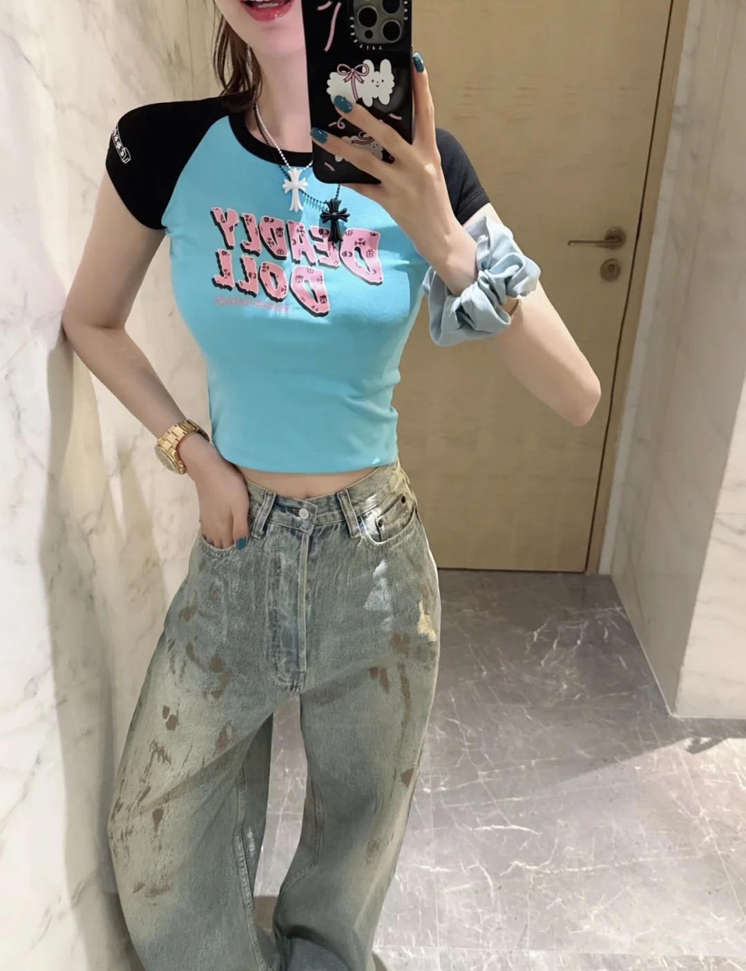 크롬하츠 여성 블루 컬러블록 반팔 티셔츠 상세 이미지 12