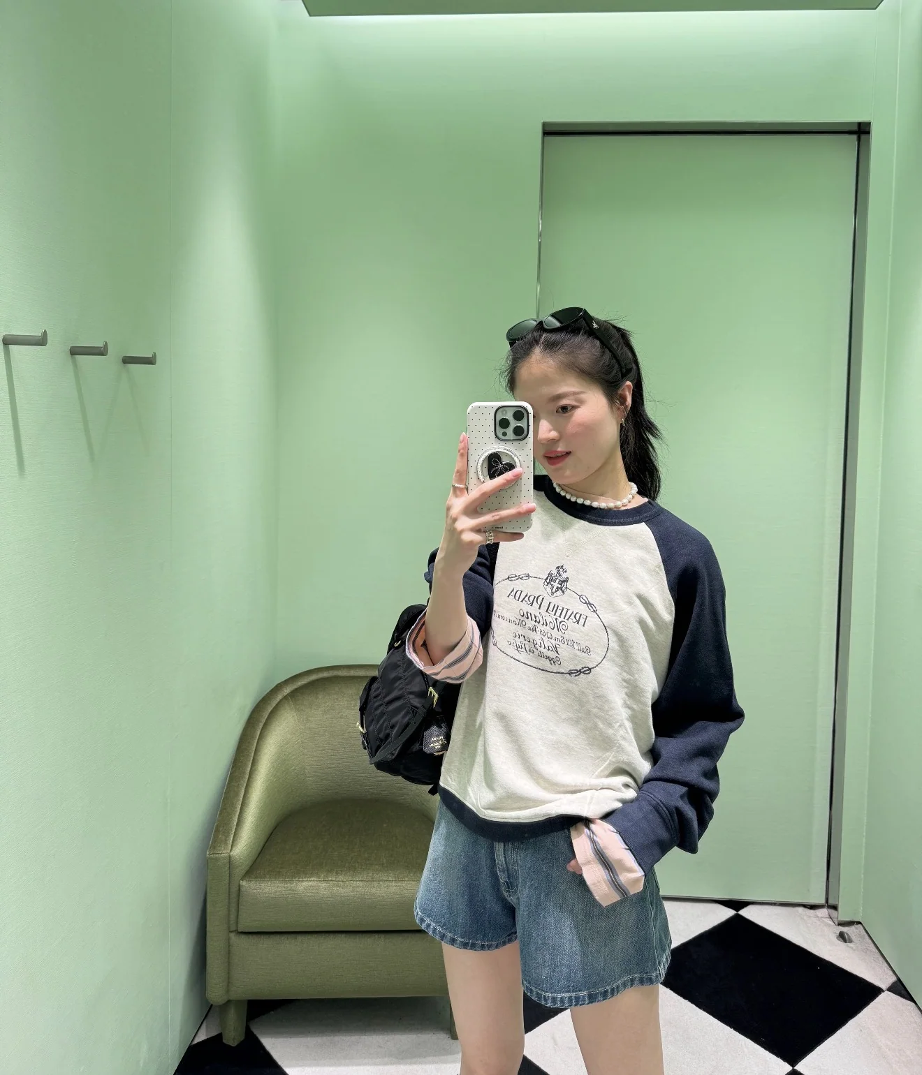 프라다 컬러 블록 코튼 크루넥 긴팔 티셔츠 상세 이미지 7