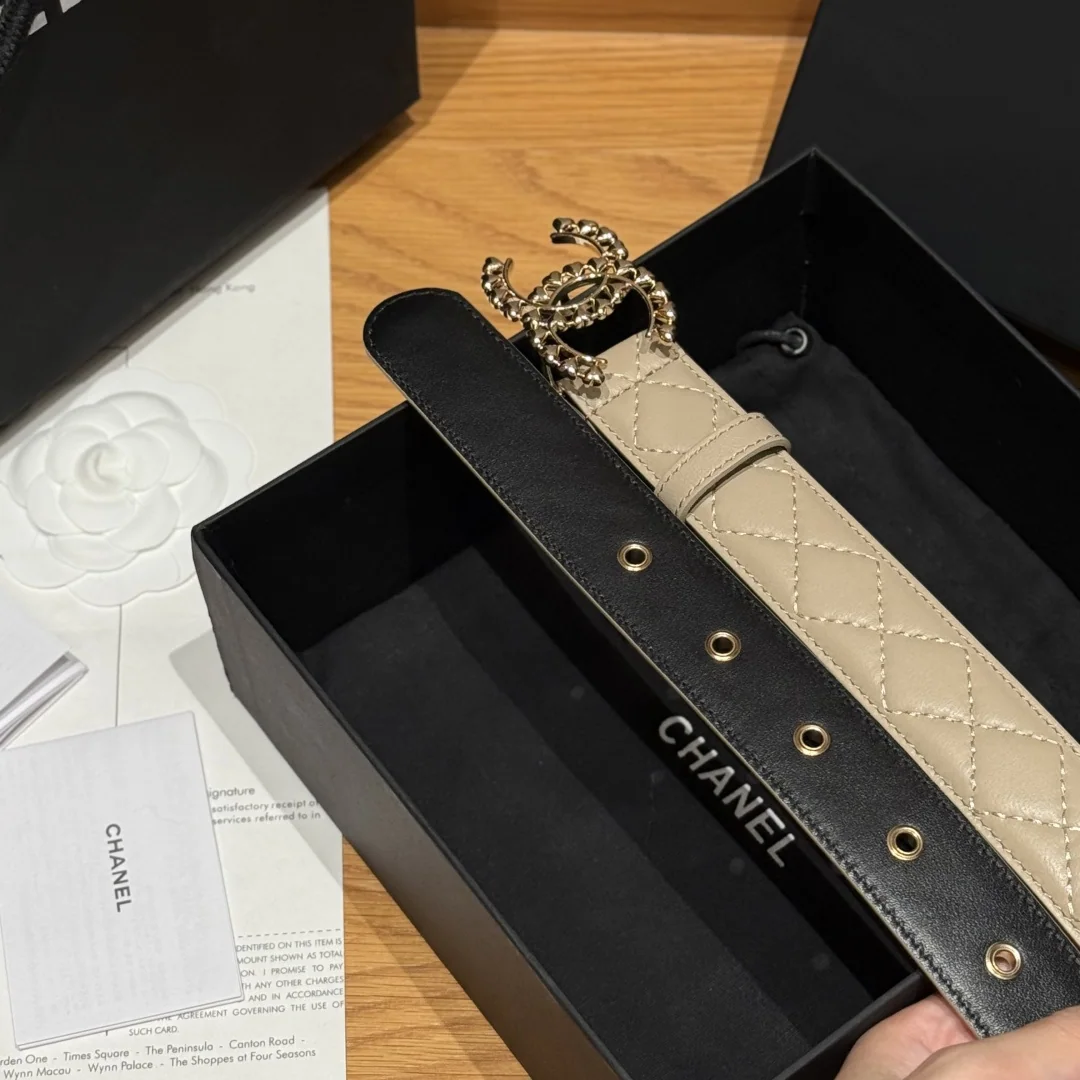 샤넬 다이아몬드 패턴 램스킨 메탈 로고 벨트 상세 이미지 5