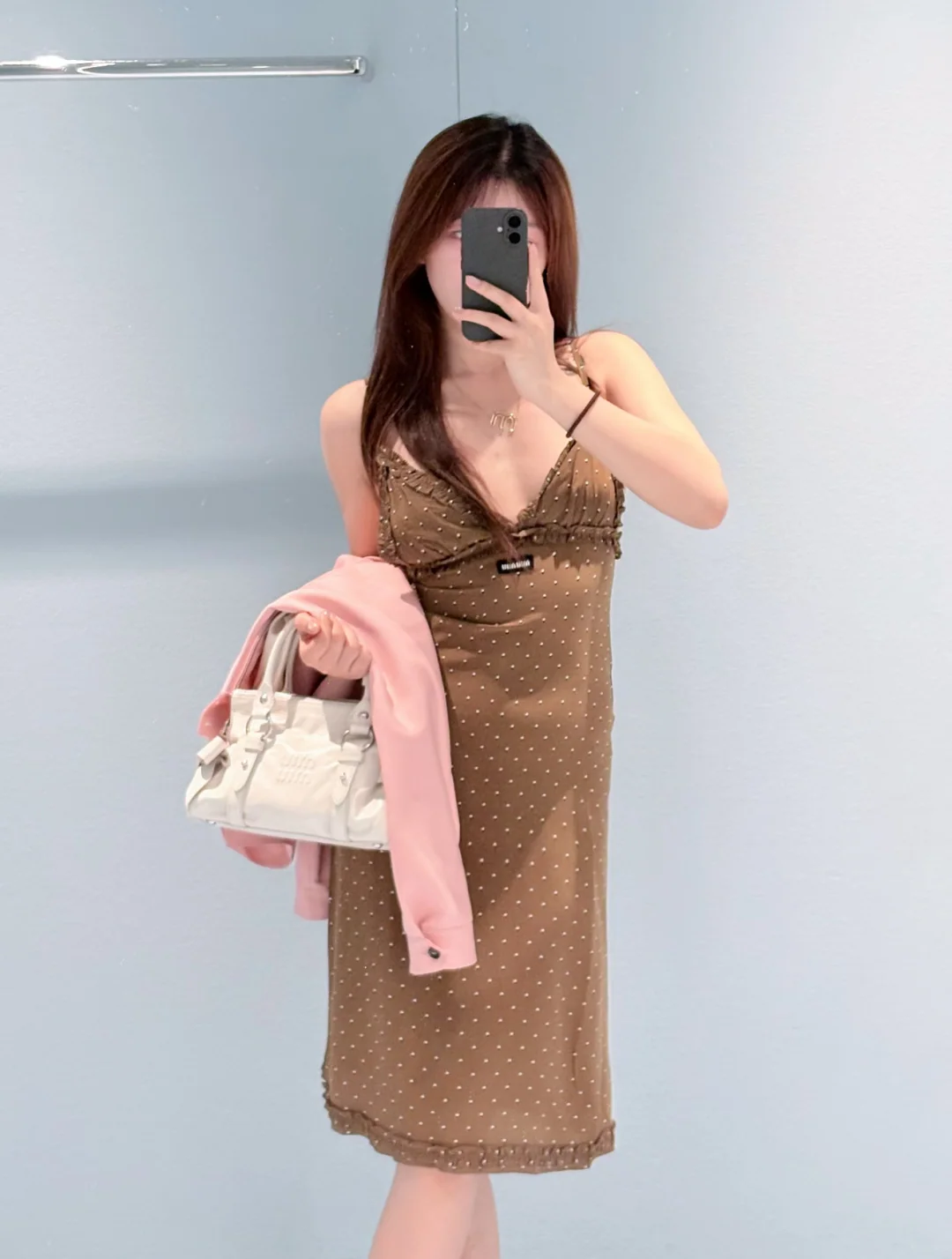 미우미우 폴카도트 프릴 실크 슬립 원피스 상세 이미지 4