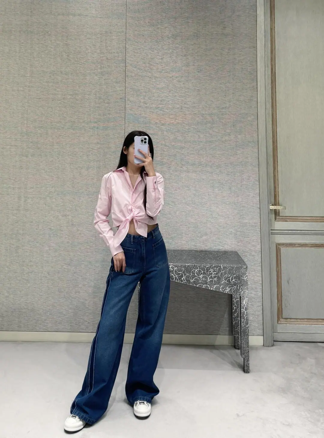 디올 하이웨스트 와이드 레그 여성 바지 상세 이미지 9