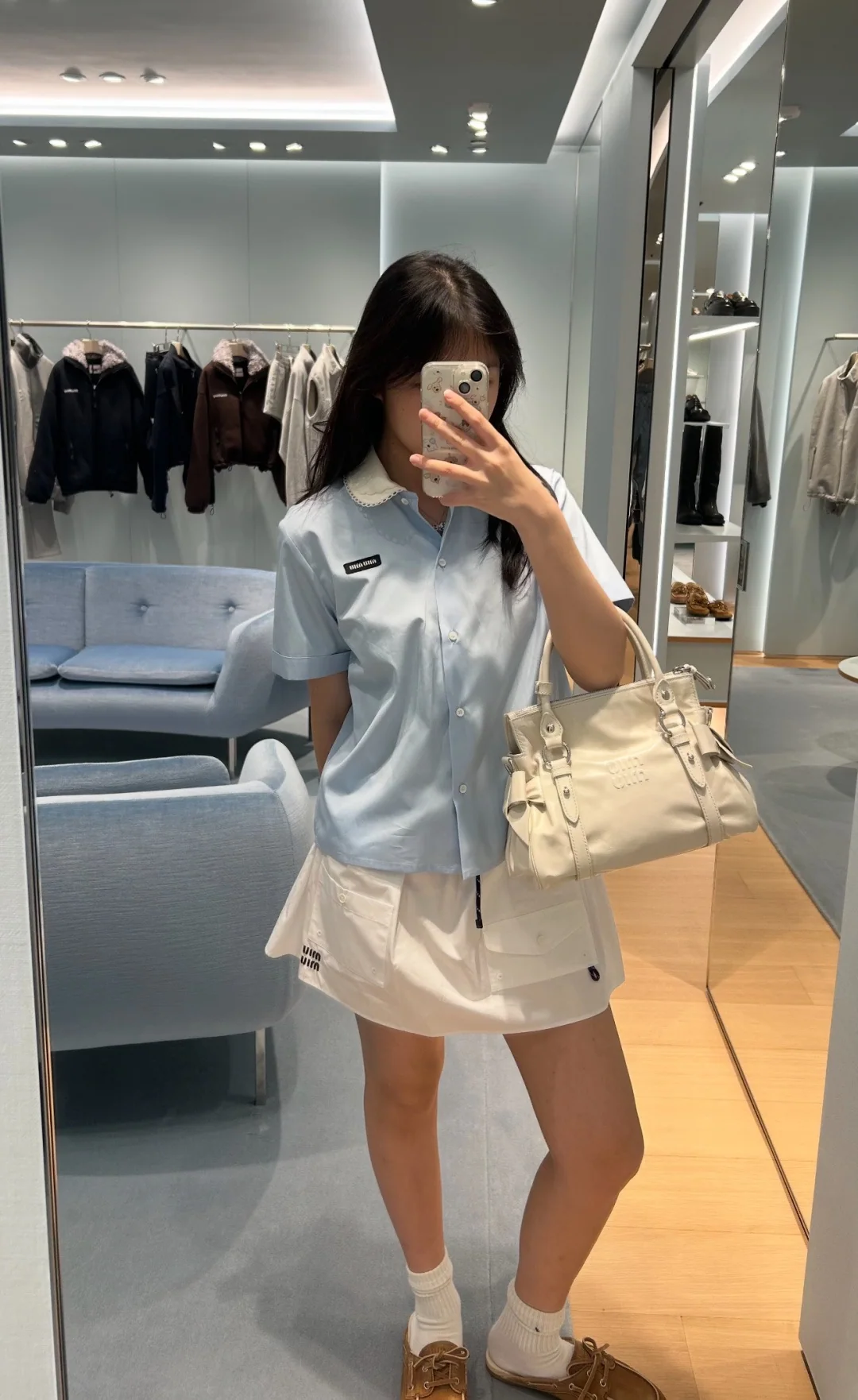 미우미우 자수 레이스 코튼 블루 셔츠 2632 상세 이미지 6