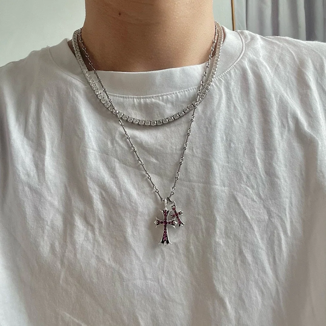 크롬하츠 앤티크 로즈 레드 다이아몬드 크로스 목걸이 124898