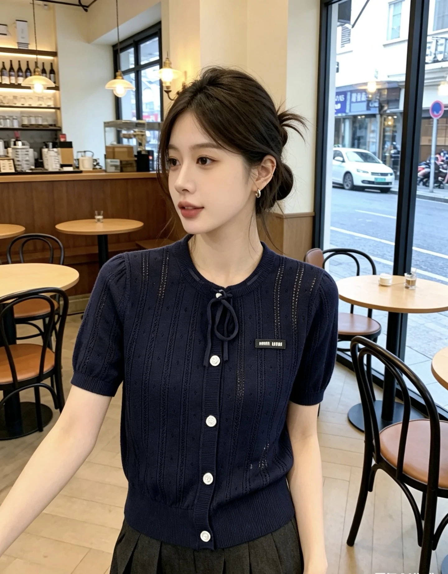 미우미우 홀아웃 패턴 니트 반팔 가디건 34856
