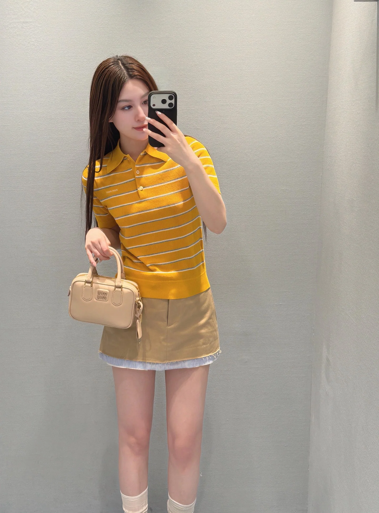 미우미우 컬러 블록 스트라이프 코튼 폴로 반팔 티셔츠 26 SS 상세 이미지 3