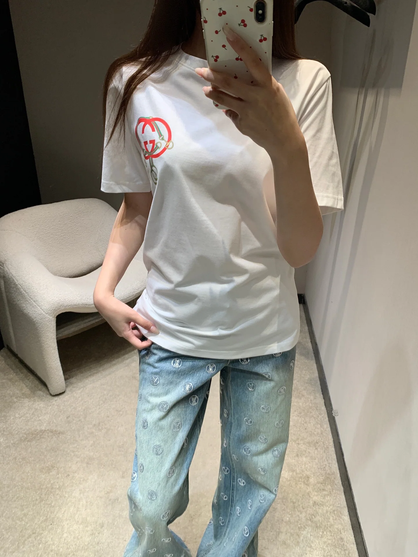 구찌 더블 G 프린트 여성 크루넥 반팔 티셔츠 26 SS 상세 이미지 8