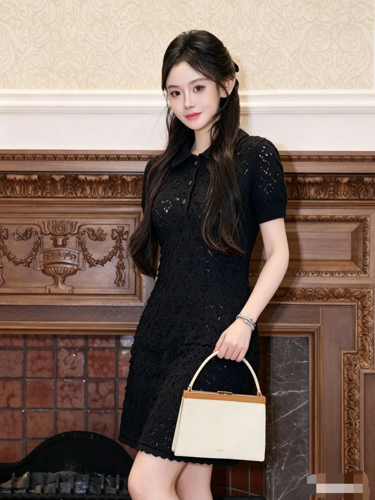 셀린느 블랙 니트 반소매 원피스 상세 이미지 3