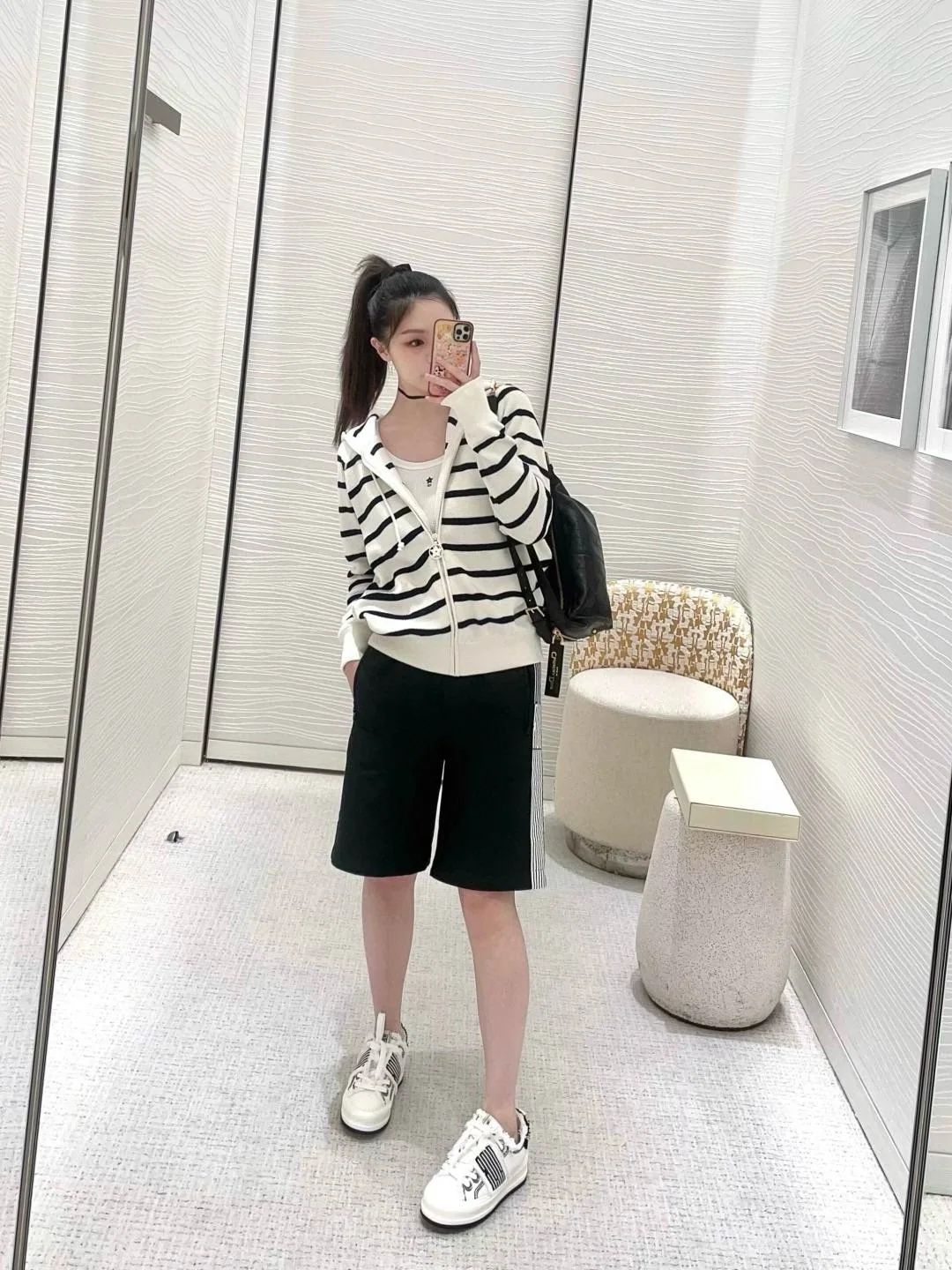 디올 네이비 스트라이프 후드 가디건 상세 이미지 1