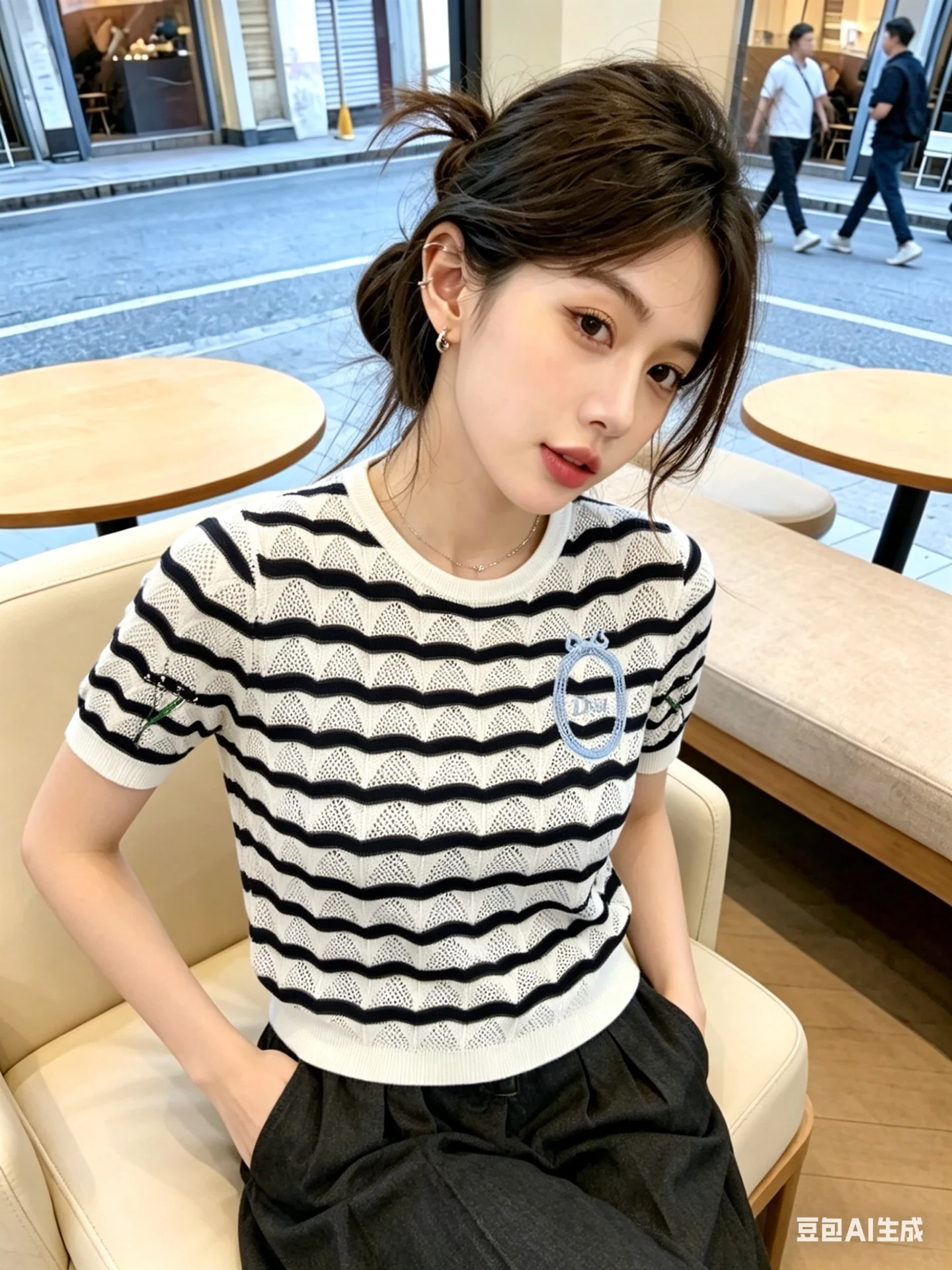 디올 스트라이프 크루넥 시스루 반팔 니트 상세 이미지 1