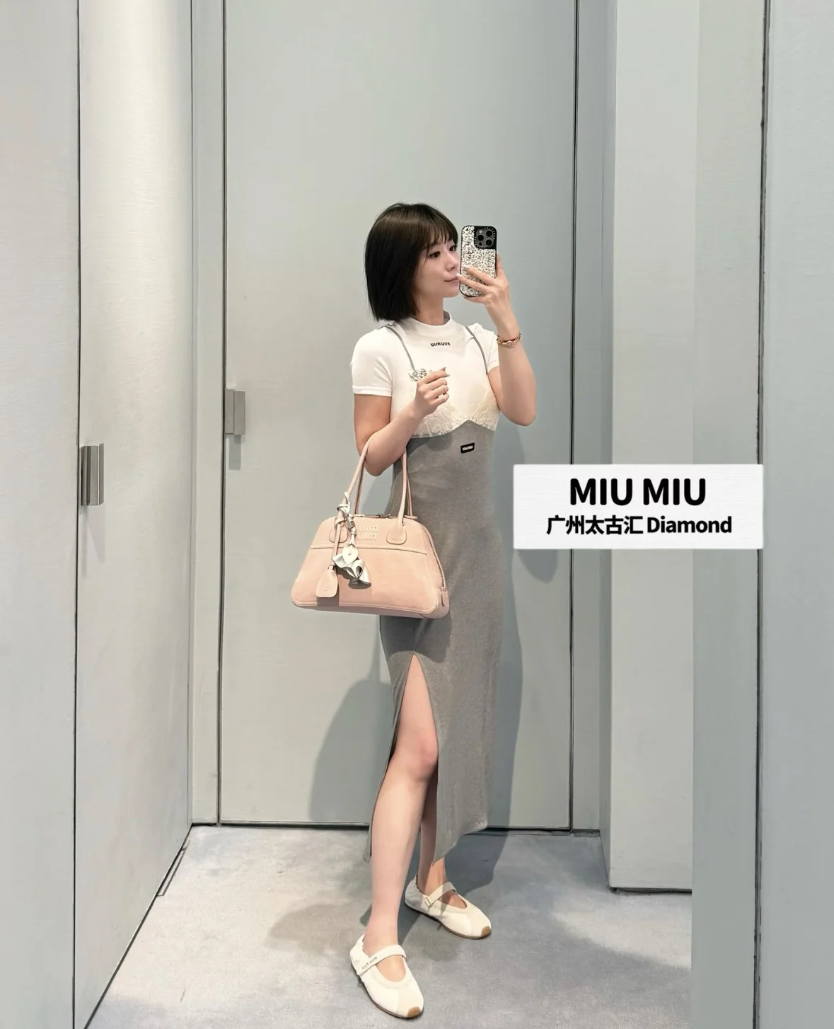 미우미우 그레이 패치워크 레이스 슬립 원피스 상세 이미지 4