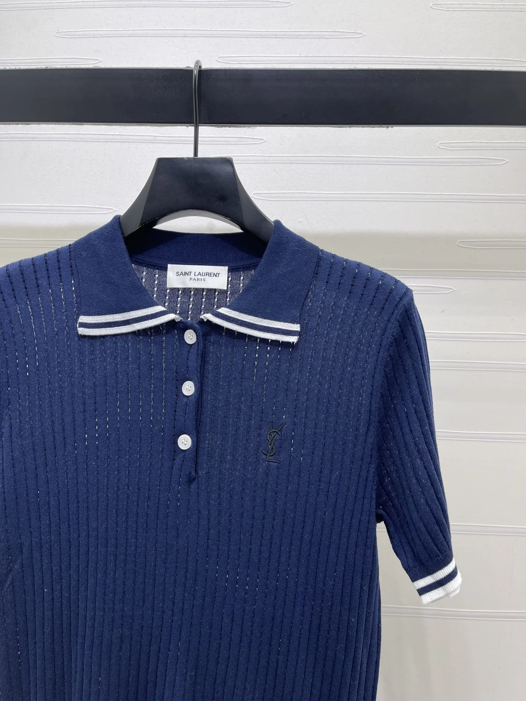 생로랑 실크 울 혼방 카라 니트 반팔 탑 상세 이미지 2