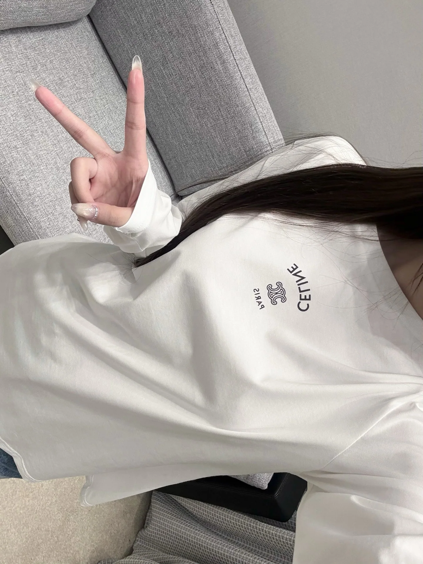 셀린느 블랙 화이트 크루넥 긴팔 티셔츠 상세 이미지 5