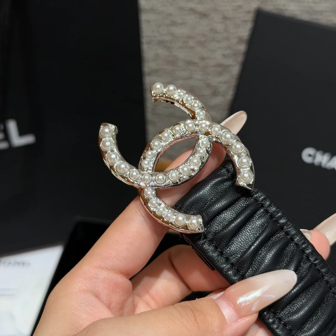 샤넬 플리츠 램스킨 진주 더블 C 벨트 상세 이미지 3