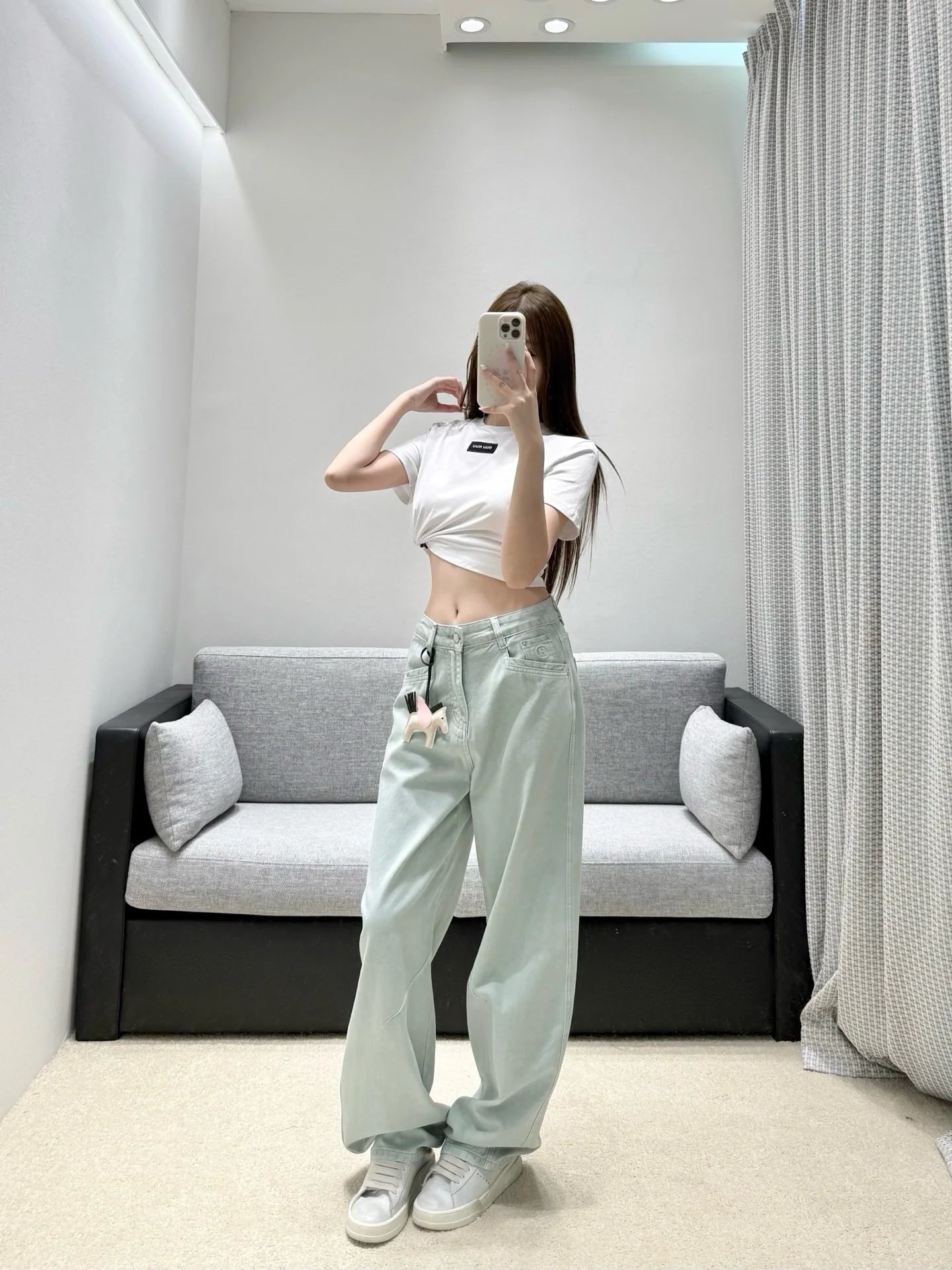 에르메스 민트 그린 하이웨이스트 와이드 레그 여성 바지 상세 이미지 2