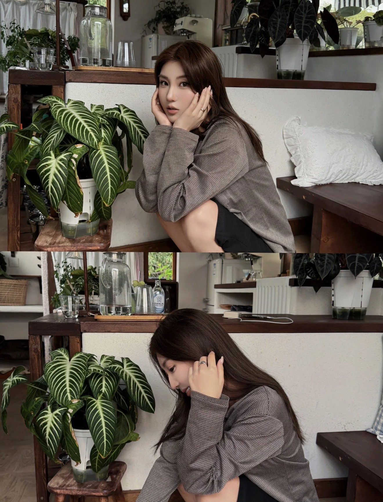 미우미우 V넥 체크 패턴 니트 긴팔 탑 상세 이미지 5