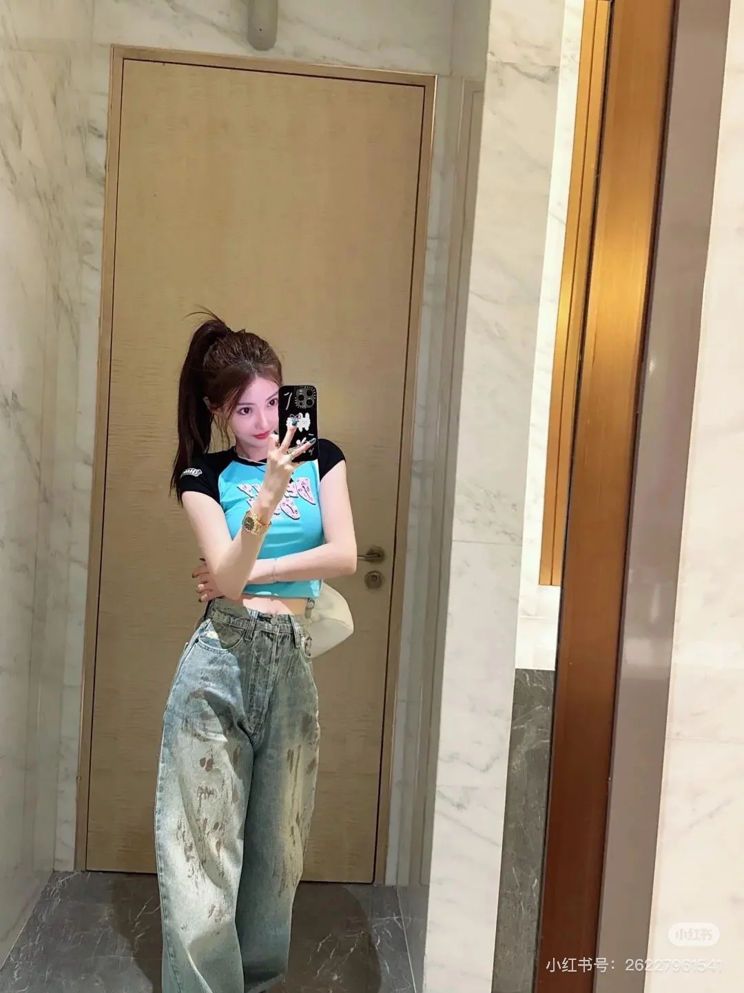 크롬하츠 여성 블루 컬러블록 반팔 티셔츠 상세 이미지 10