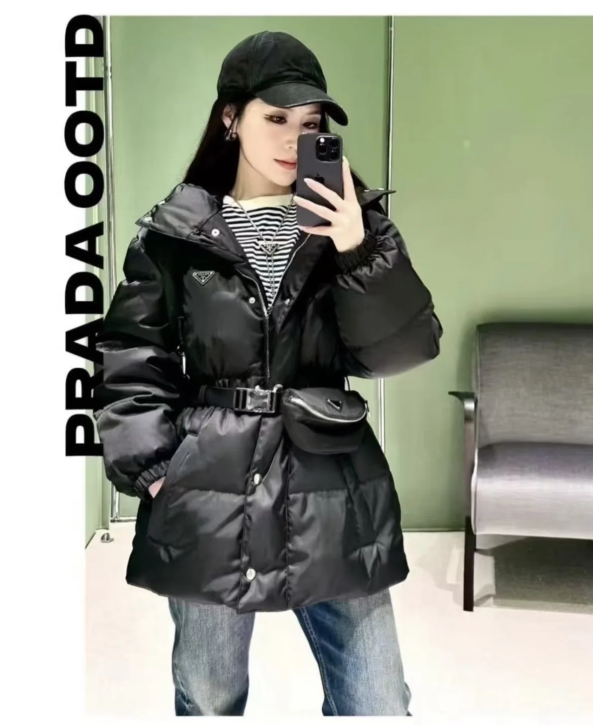 프라다 허리 벨트 여성 코튼 패딩 코트 상세 이미지 3