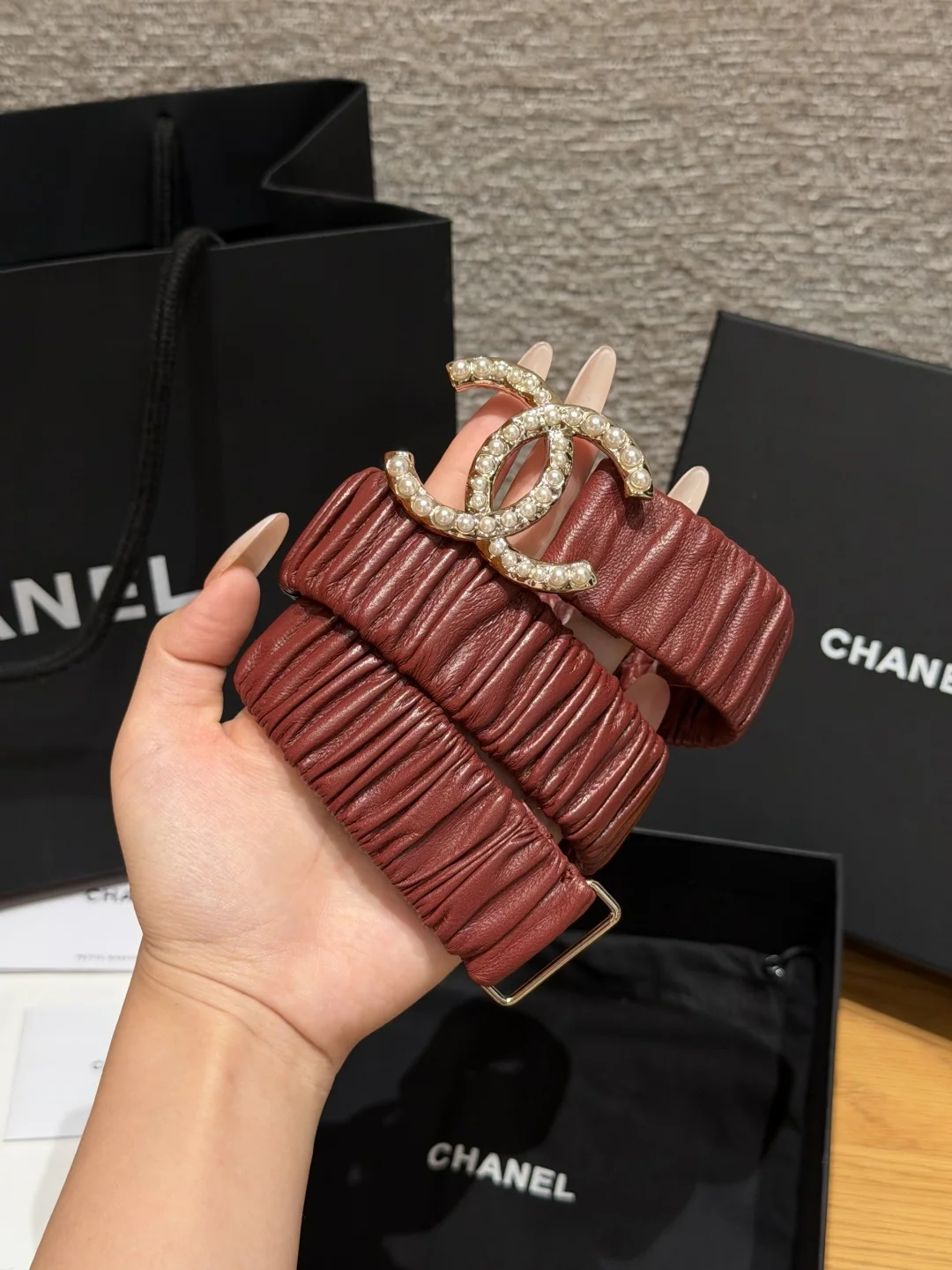 샤넬 램스킨 진주 더블 C 허리벨트 174310