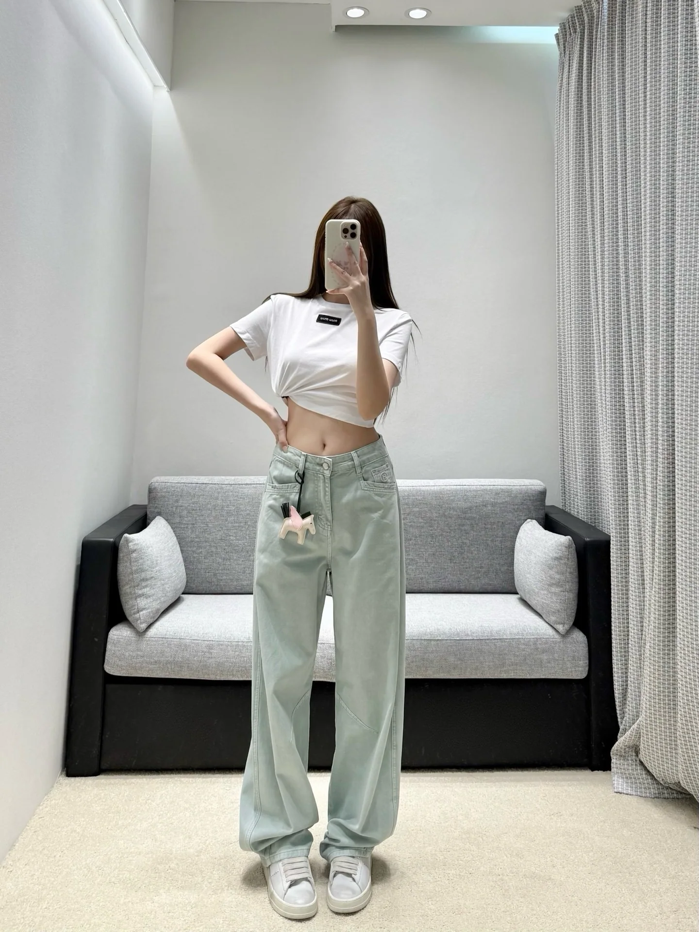 에르메스 민트 그린 하이웨이스트 와이드 레그 여성 바지 상세 이미지 9