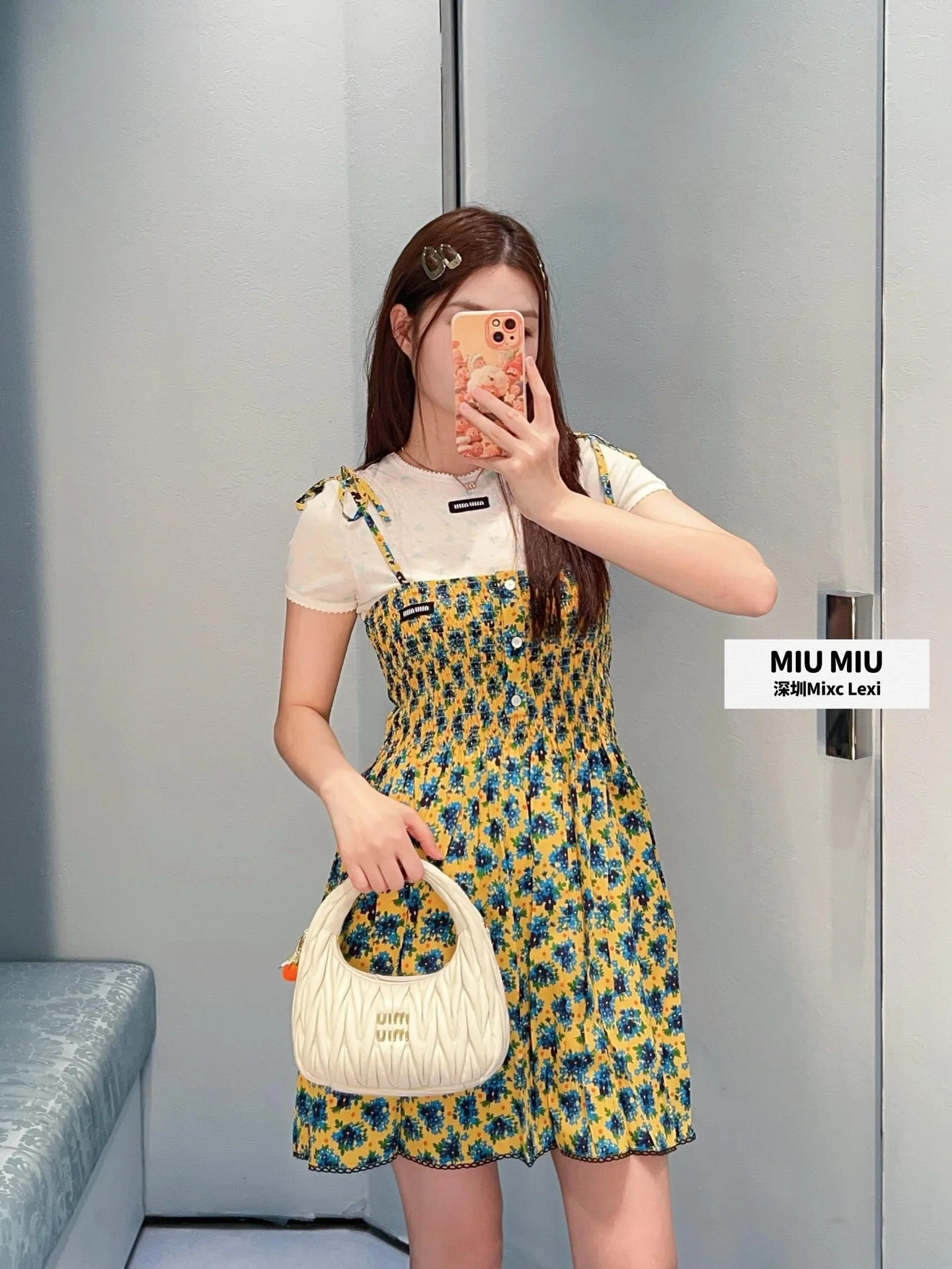 미우미우 블루 옐로우 플라워 실크 A라인 원피스 상세 이미지 8