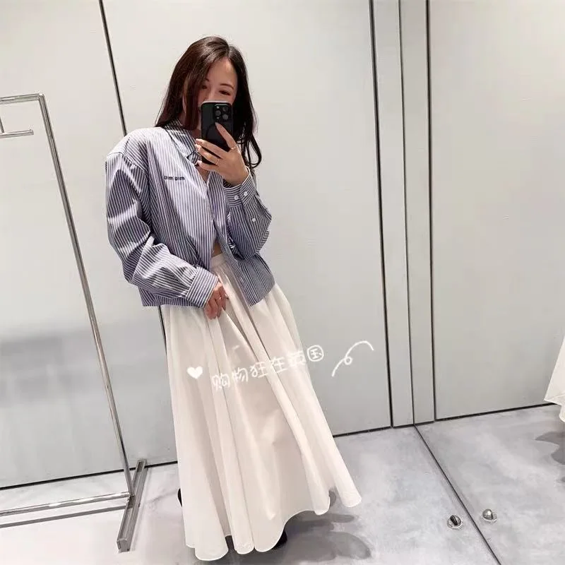 미우미우 마이크로 로고 자수 스트라이프 카라 여성 자켓 26FW 상세 이미지 6