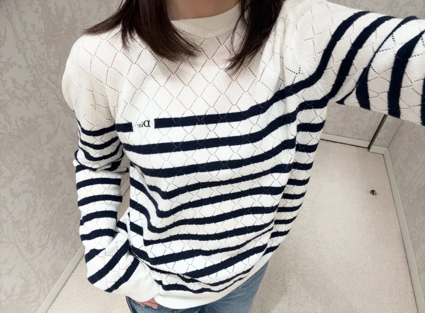 디올 네이비 블루 스트라이프 캐시미어 니트 탑 상세 이미지 5