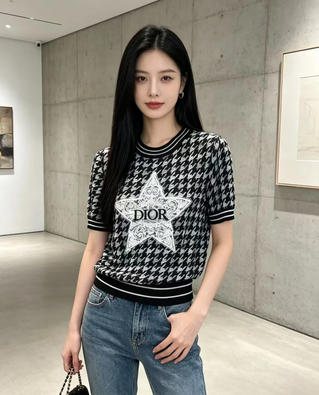 디올 치도리 격자 별 자수 니트 반팔 티셔츠 상세 이미지 1