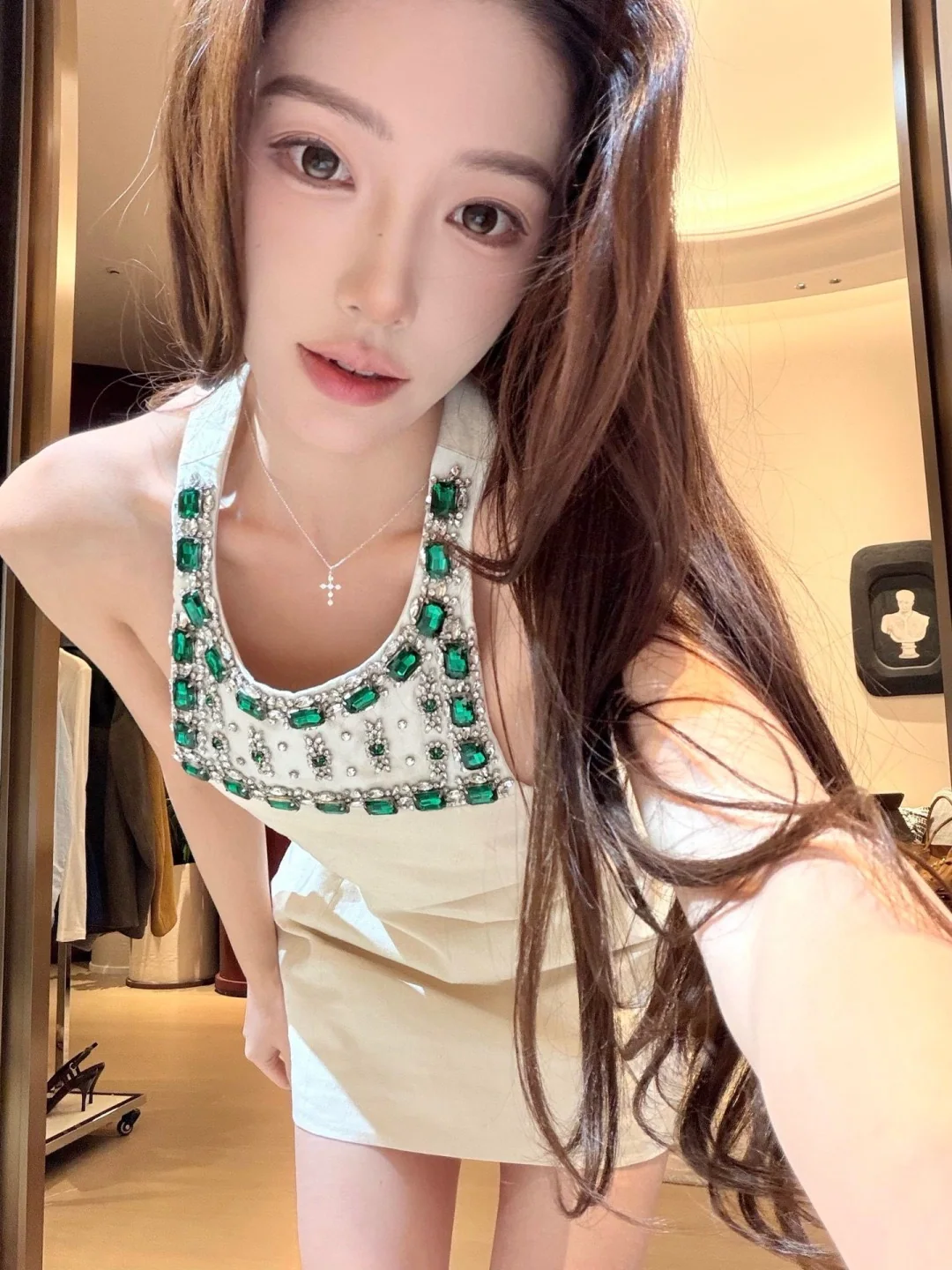 미우미우 라인스톤 장식 홀터넥 면 원피스 상세 이미지 2