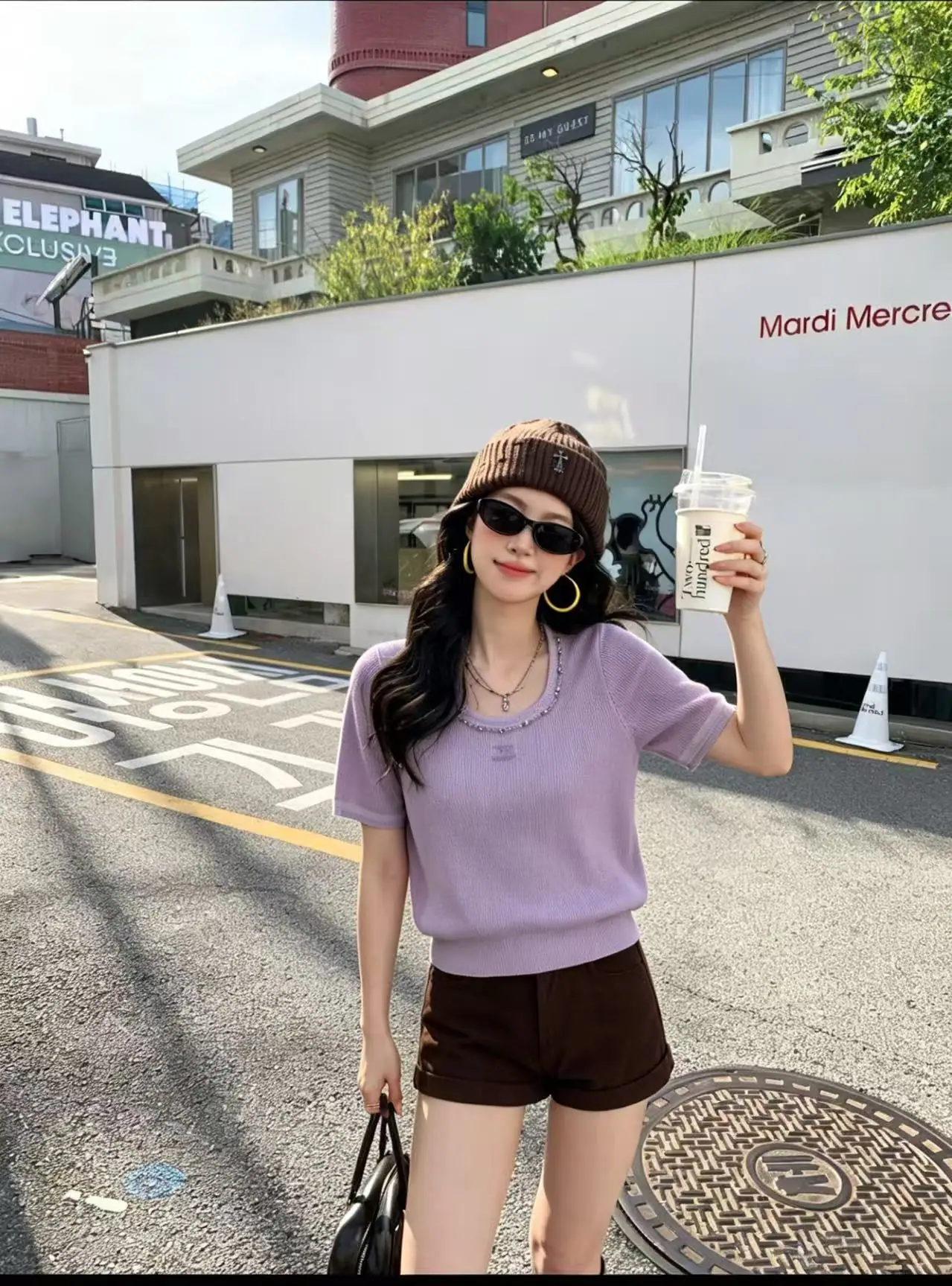 샤넬 U넥 라인스톤 장식 니트 반팔 탑 상세 이미지 1