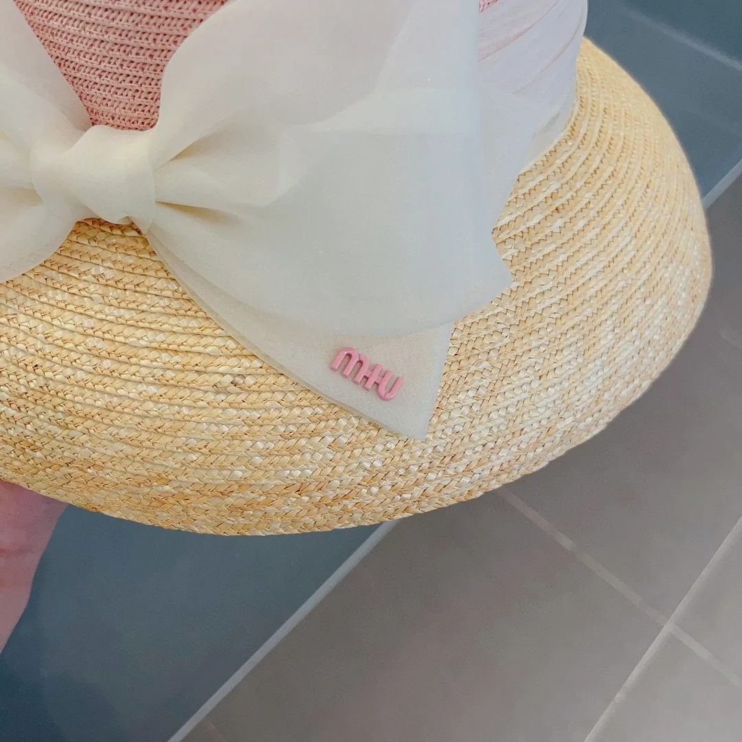미우미우 컬러 블록 오간지 리본 밀짚모자 상세 이미지 5