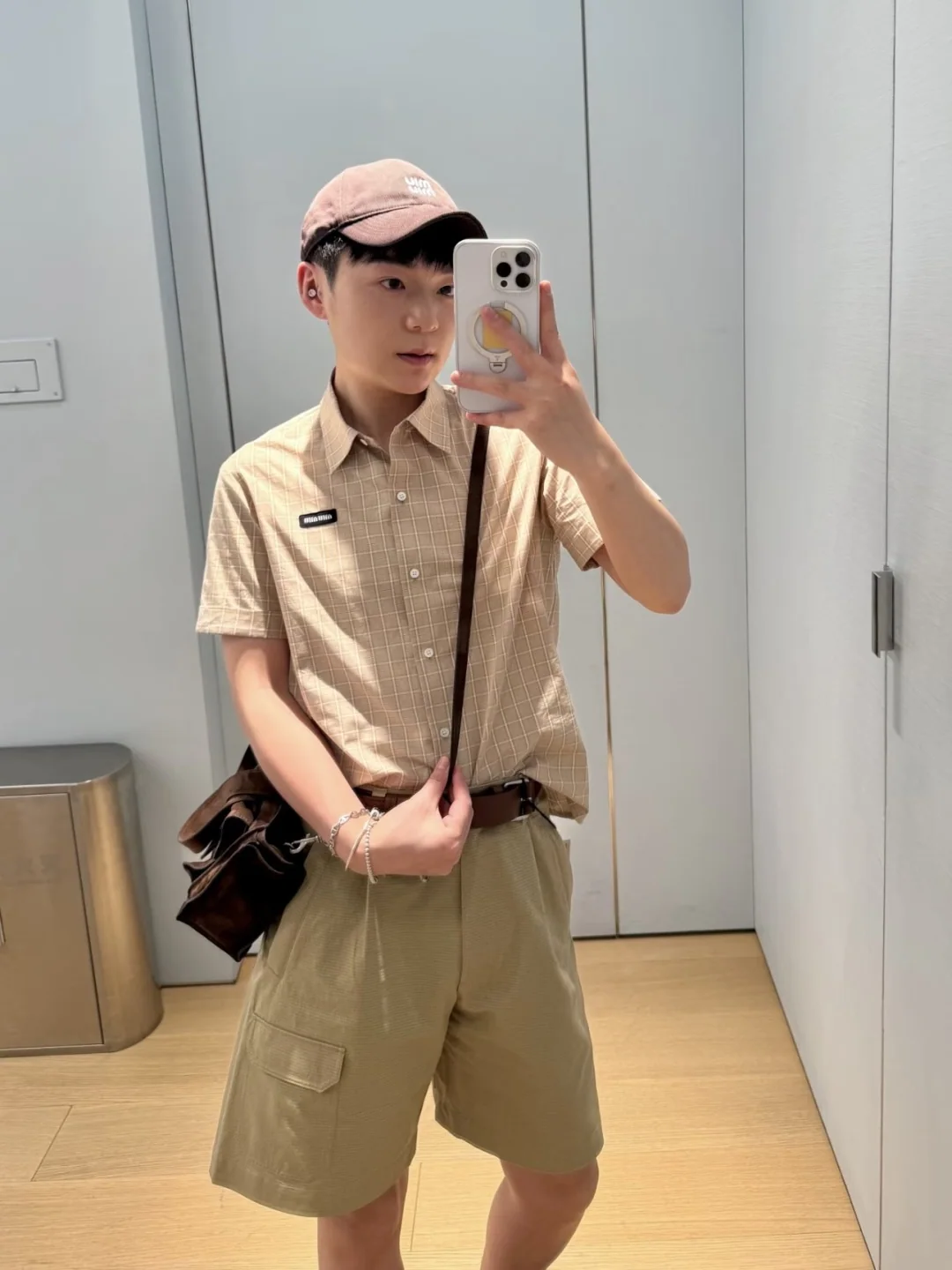 미우미우 카키 체크 코튼 반팔 셔츠 상세 이미지 8