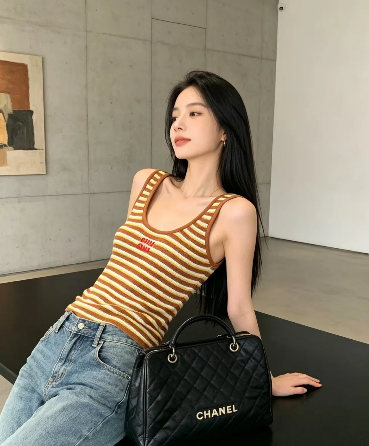 미우미우 U넥 스트라이프 니트 베스트 상세 이미지 2