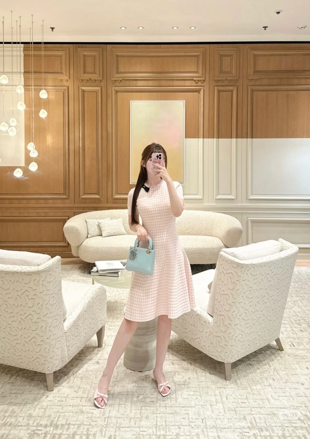디올 벚꽃핑크 체크 패턴 리본 원피스 상세 이미지 6