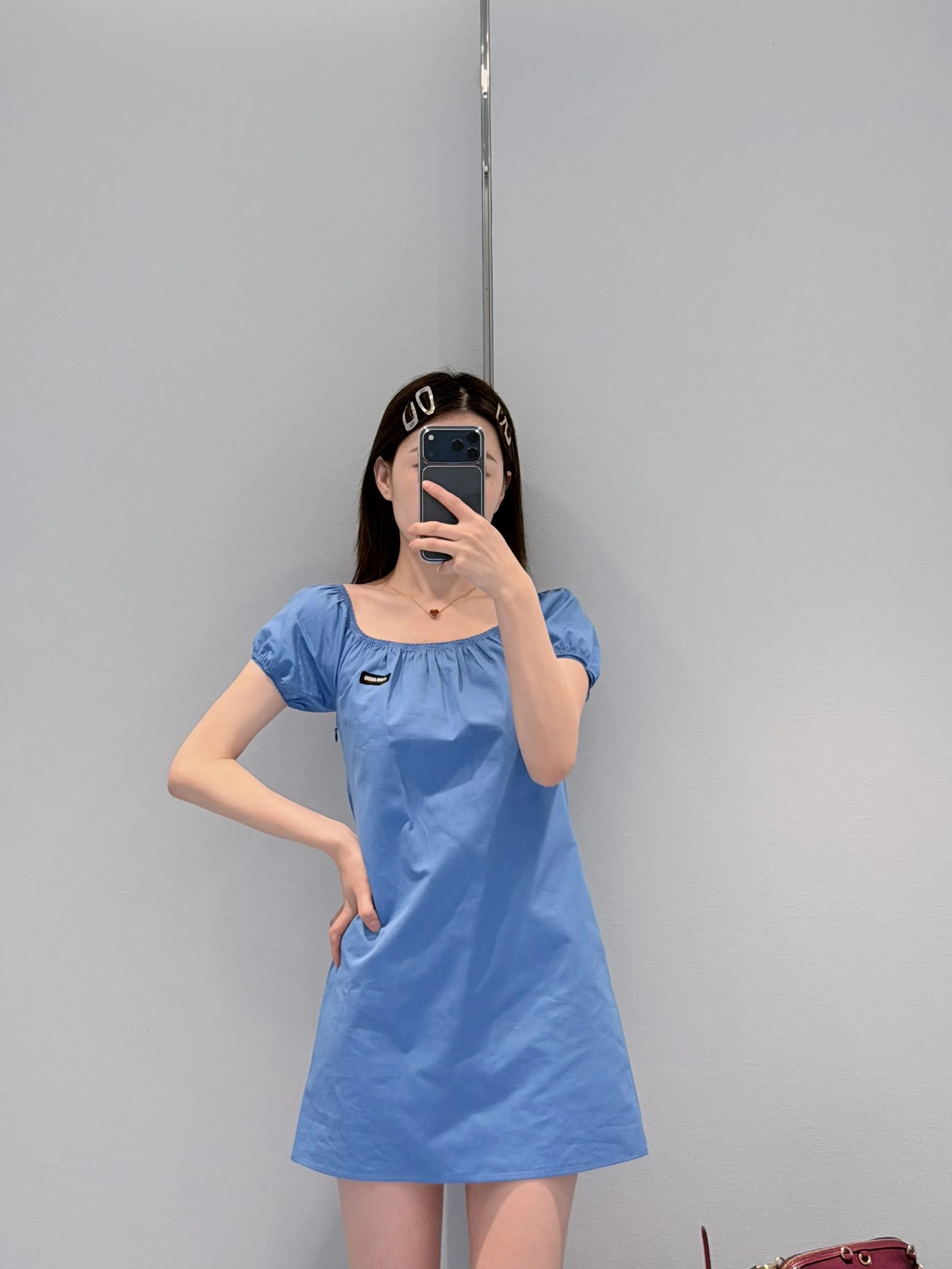 미우미우 스카이 블루 퍼프 슬리브 원피스 26 SS 상세 이미지 4