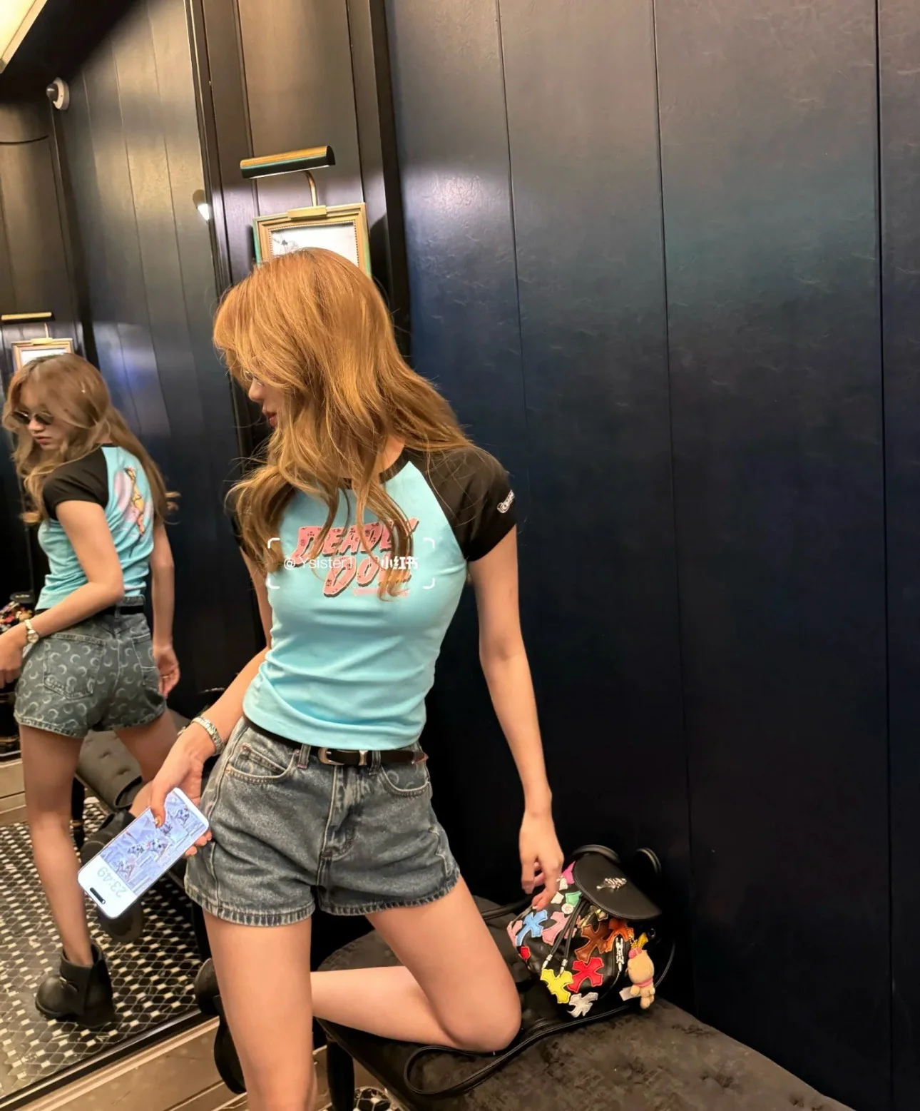 크롬하츠 여성 블루 컬러블록 반팔 티셔츠 상세 이미지 5