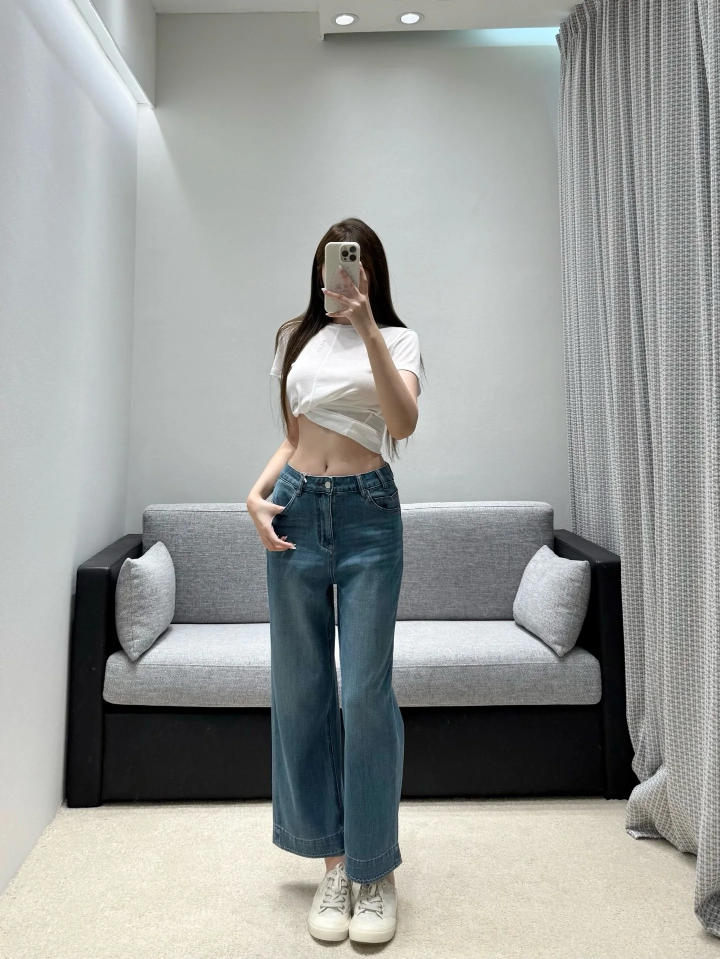 에르메스 라이트 블루 크롭드 플레어 데님 바지 114658