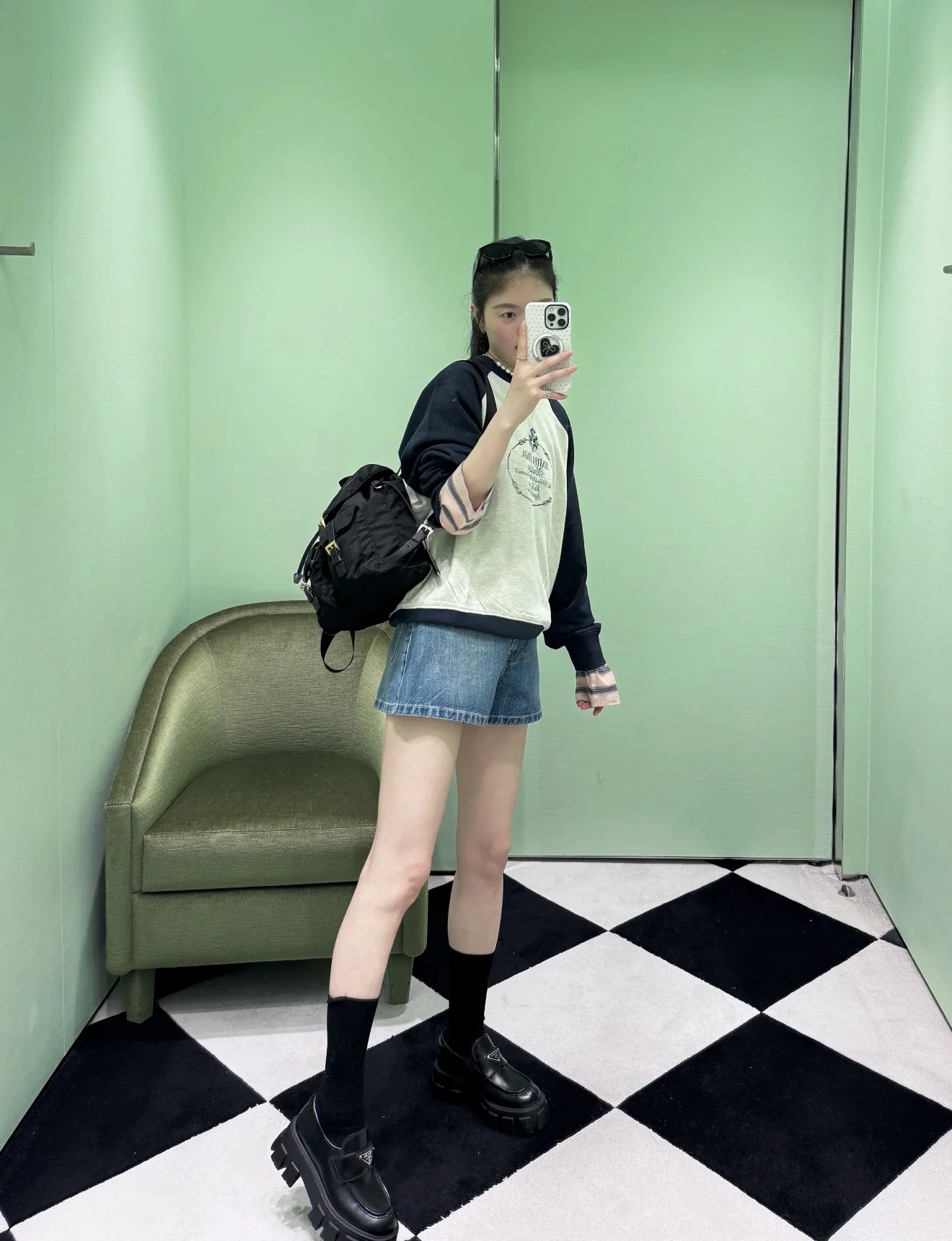 프라다 컬러 블록 코튼 크루넥 긴팔 티셔츠 상세 이미지 6