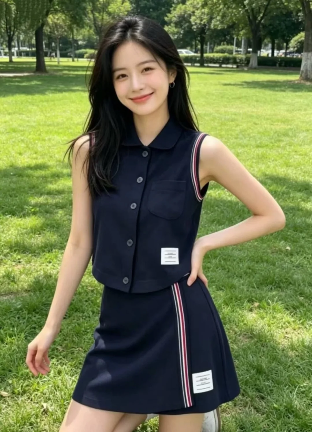 톰브라운 컬러 블록 리본 미디 스커트 상세 이미지 3
