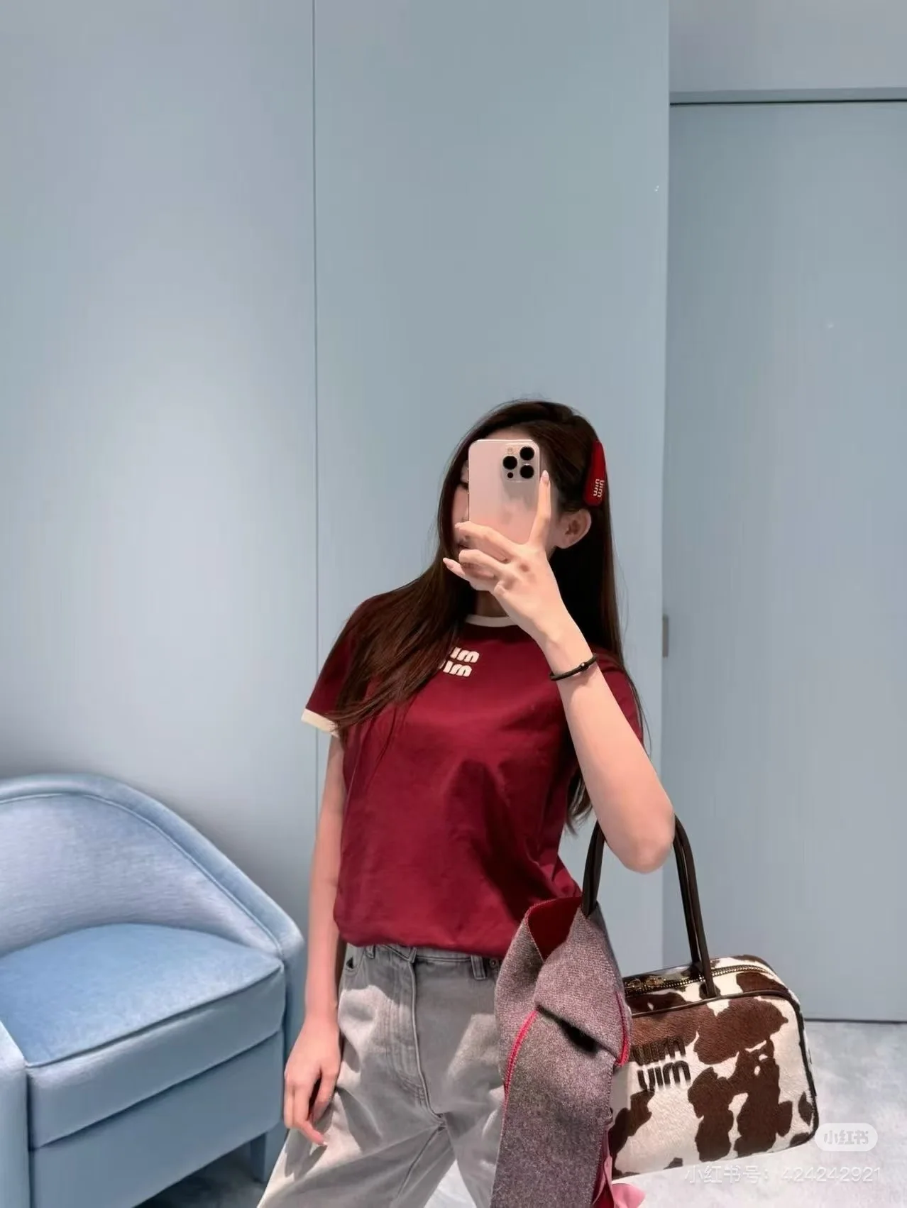 미우미우 컬러 블록 크루넥 코튼 반팔티셔츠 26 SS 상세 이미지 5
