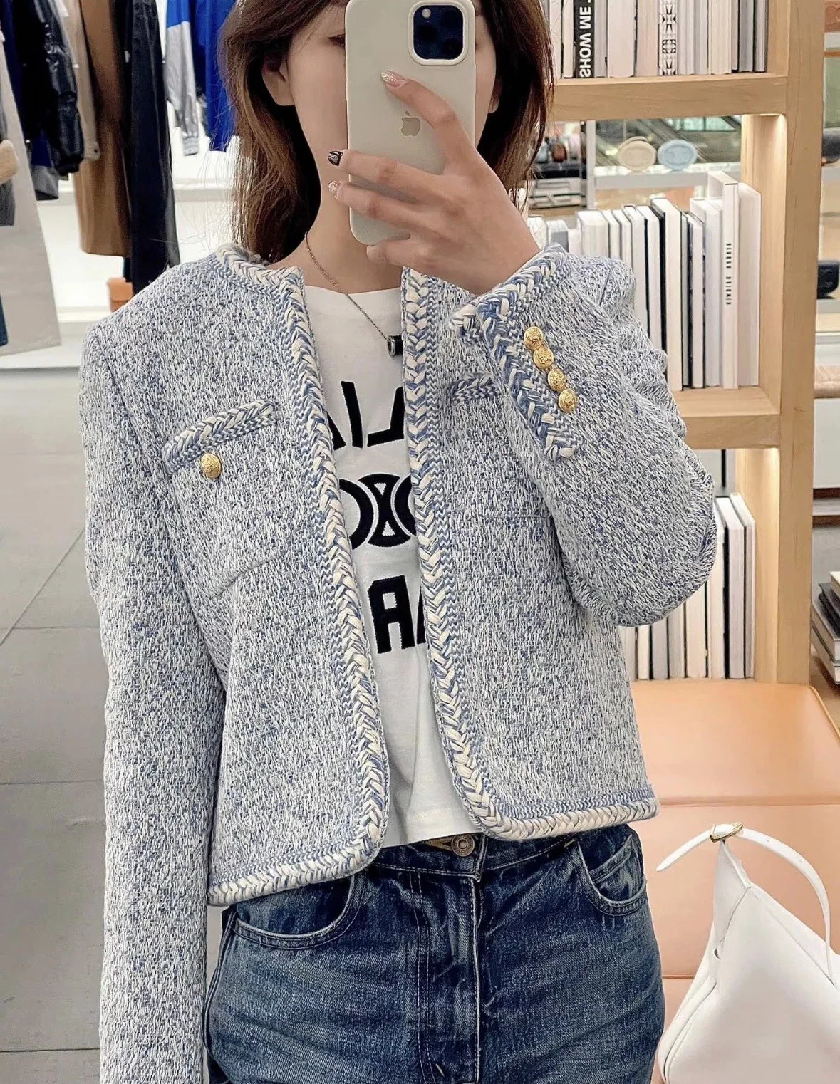 셀린느 그레이셔블루 트위드 크롭 자켓 153627
