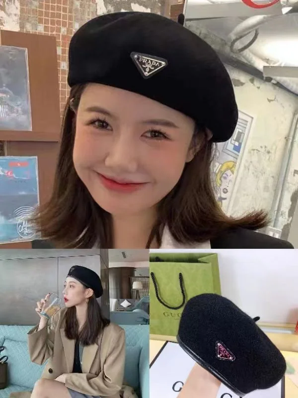 프라다 가죽 트리밍 울 베레모 모자 상세 이미지 1