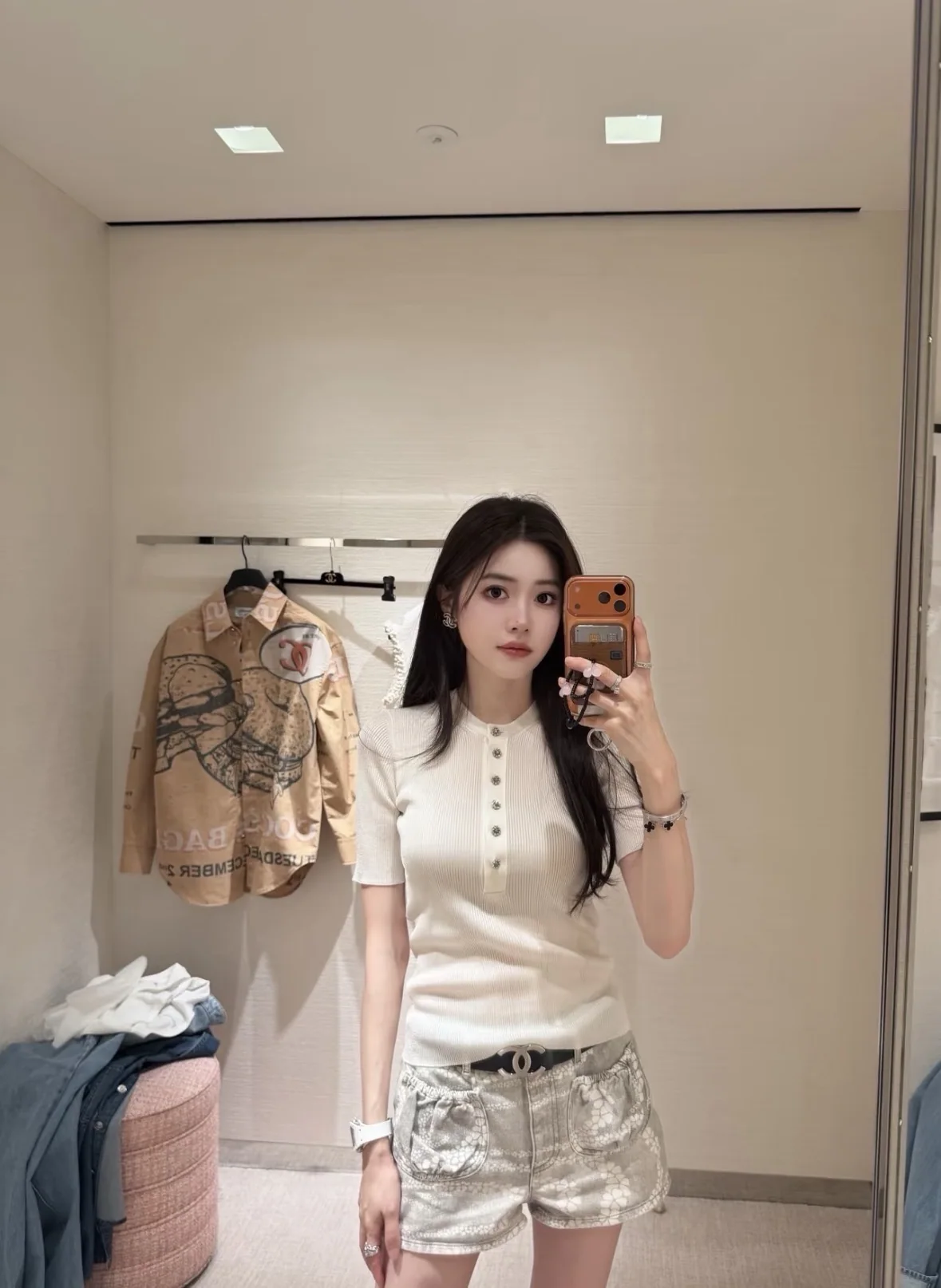 샤넬 리브 니트 여성용 반팔 티셔츠 상세 이미지 5