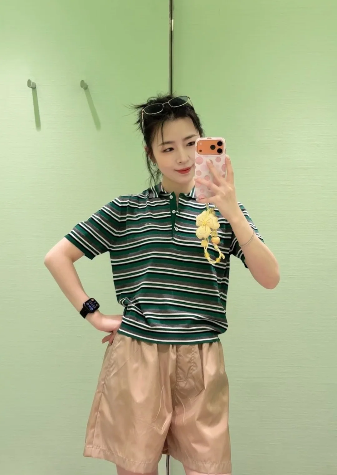 프라다 그린 그레이 컬러블록 스트라이프 반팔 폴로 니트 탑 상세 이미지 5
