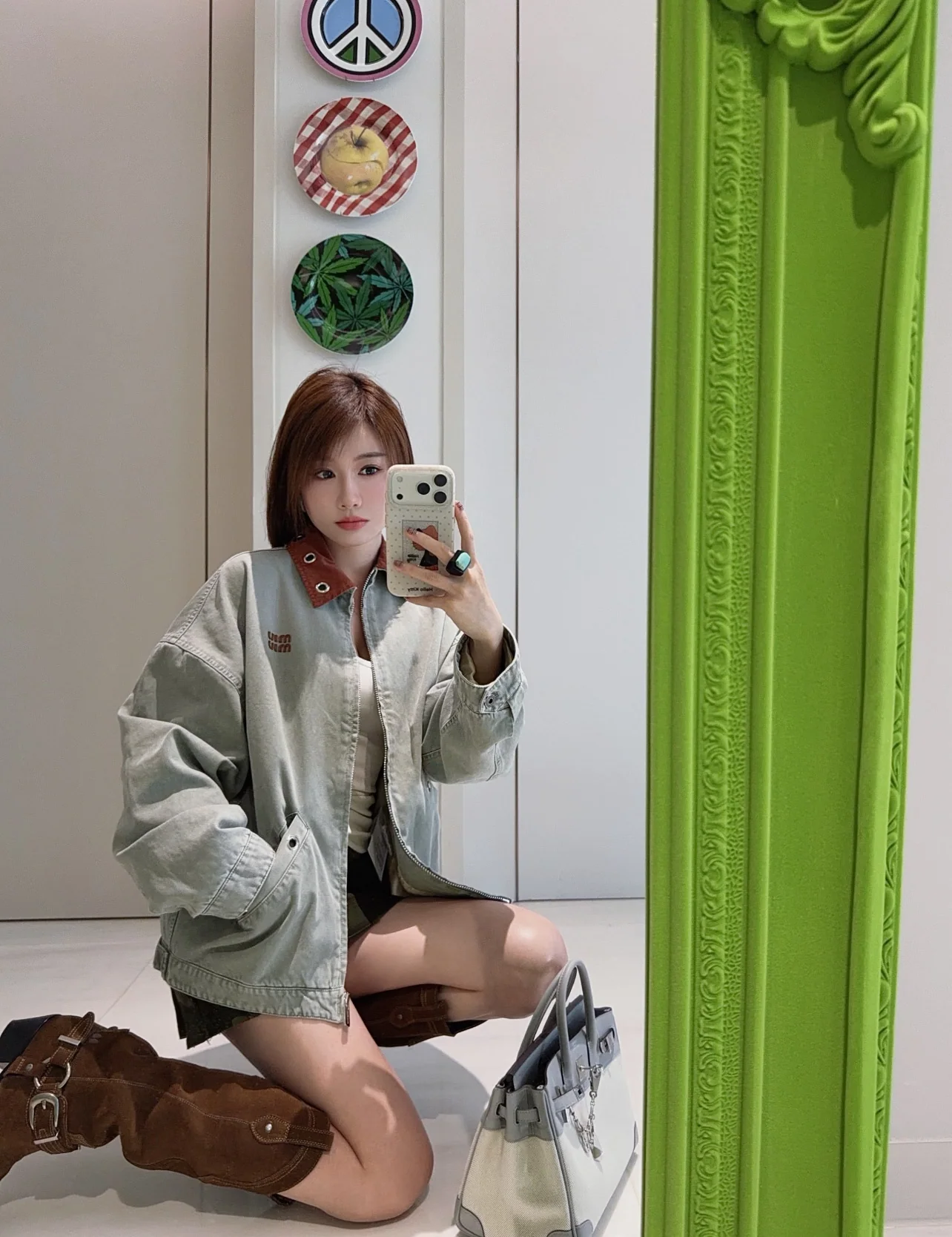 미우미우 회녹색 코튼 데님 크롭 자켓 상세 이미지 2