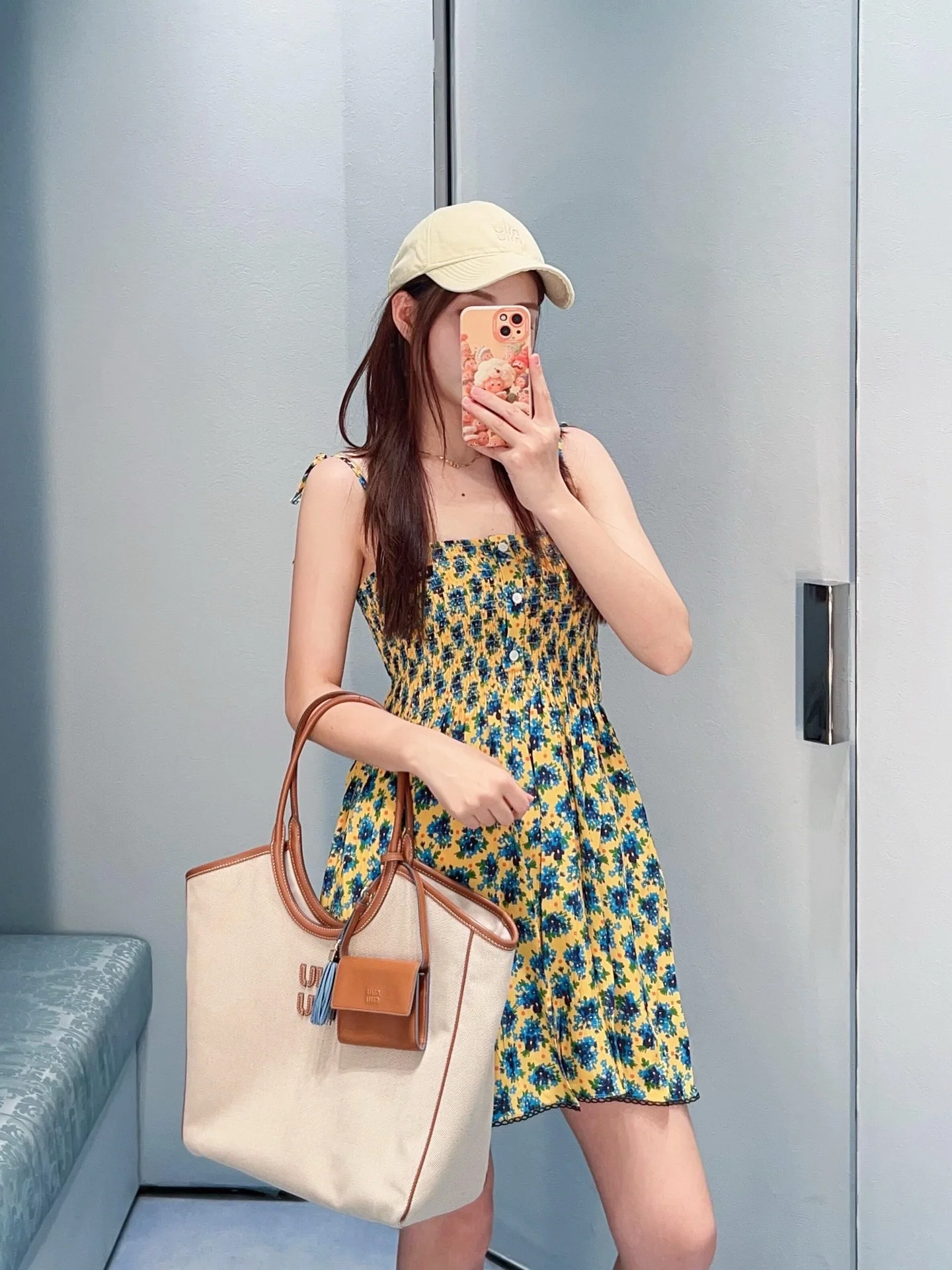 미우미우 블루 옐로우 플라워 실크 A라인 원피스 상세 이미지 5